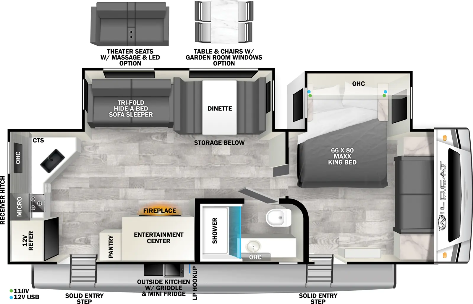 The Wildcat Travel Trailers 265BSX - ONE floorplan has two entries and two slide outs. Exterior features include: fiberglass exterior and outside kitchen. Interiors features include: rear kitchen, free-standing dinette option and front bedroom.